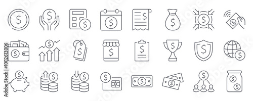 Vector icons money. US currency dollar, bills and coins. Bank account invoice, online credit card payments, deposit and cash advances. Rate decrease and increase, wallet, prize. Editable stroke line.