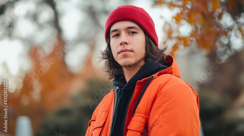 Young Man in Red Hat Stands Contemplating in Snowy Wilderness photo