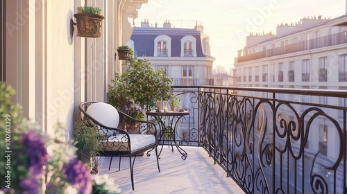 Fototapeta Naklejka Na Ścianę i Meble -  With wrought-iron railings, simple seating, and a small table, overlooking the city streets