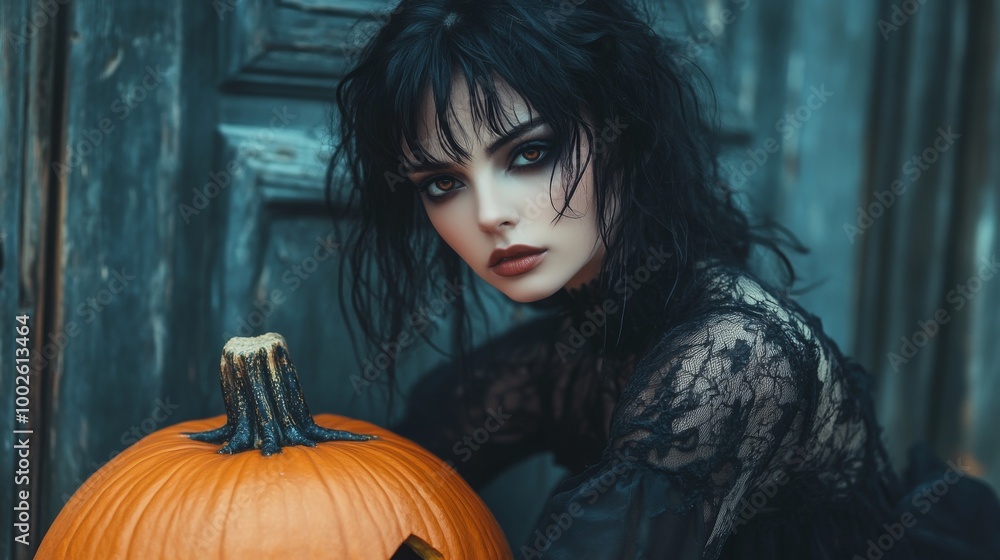 Dark Gothic Halloween Aesthetic with Pumpkins and Mysterious Girl Dark Gothic Halloween Aesthetic with Pumpkins and Mysterious Girl