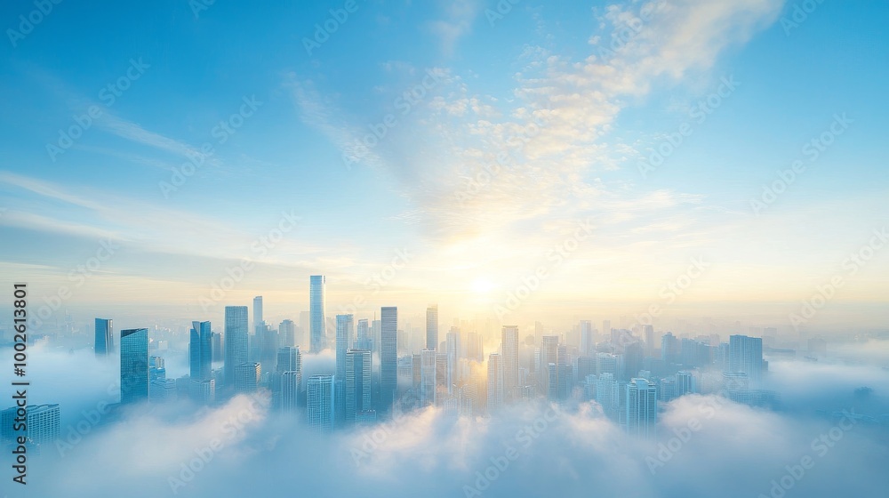 A panoramic view of a city skyline emerging from clouds at sunrise, showcasing tall buildings against a blue sky. A panoramic view of a city skyline emerging from clouds at sunrise, showcasing tall buildings against a blue sky.