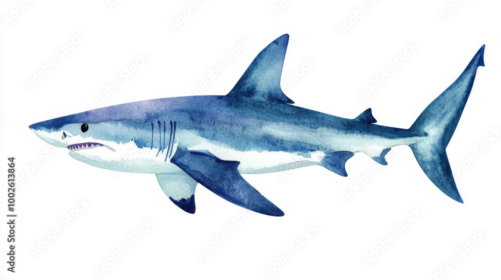 A watercolor painting of a shark swimming in the sea. The image is isolated against a white background. A watercolor painting of a shark swimming in the sea. The image is isolated against a white background.