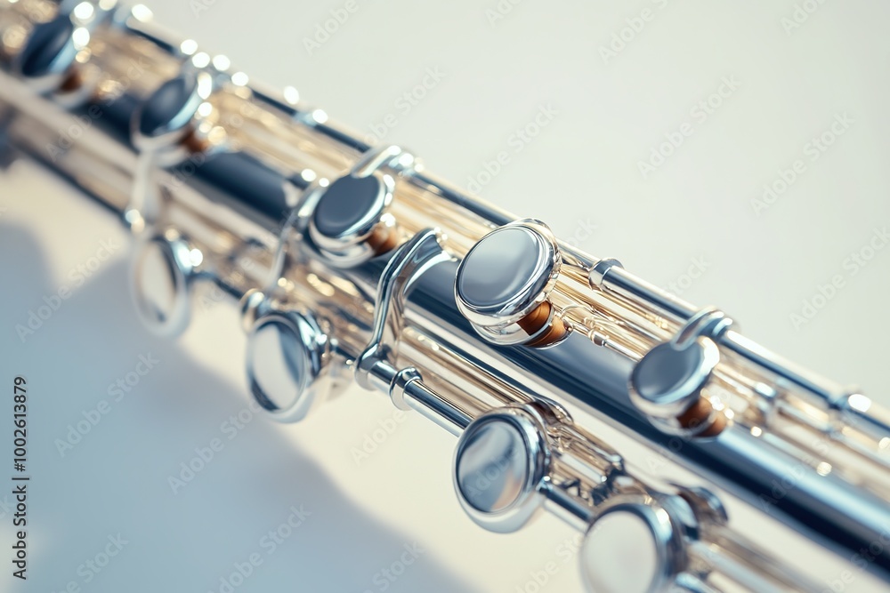 Fototapeta premium Close-up view of shining flute keys on white.