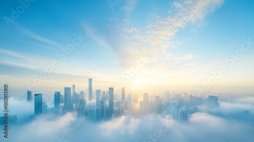 Fototapeta Naklejka Na Ścianę i Meble -  A panoramic view of a city skyline emerging from clouds at sunrise, showcasing tall buildings against a blue sky.