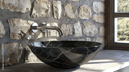 Modern Bathroom Sink with a Stone Wall Backsplash
