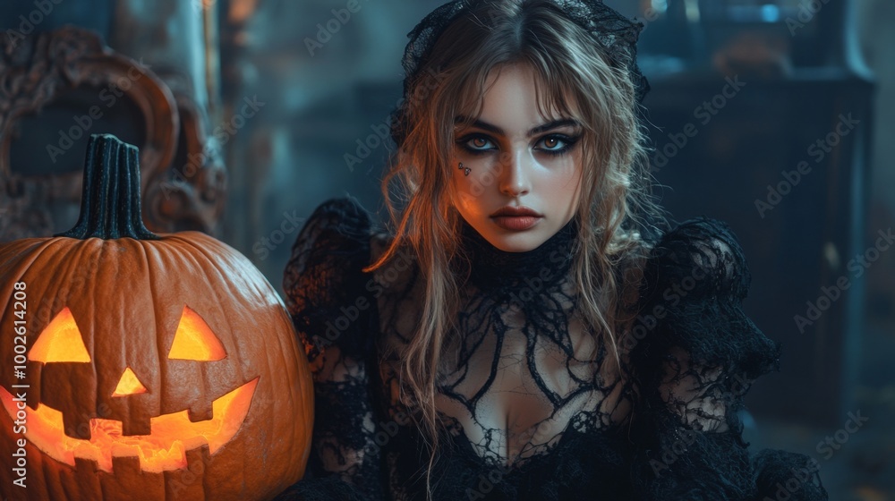 Fototapeta premium Dark Gothic Halloween Aesthetic with Pumpkins and Mysterious Girl