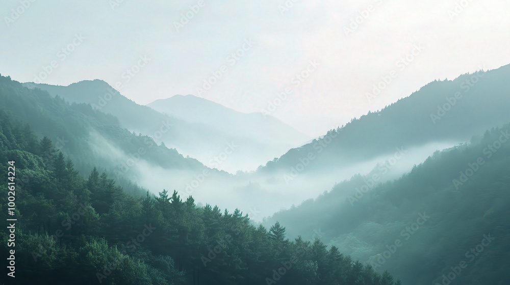 Misty Mountain Landscape with Lush Forests Misty Mountain Landscape with Lush Forests
