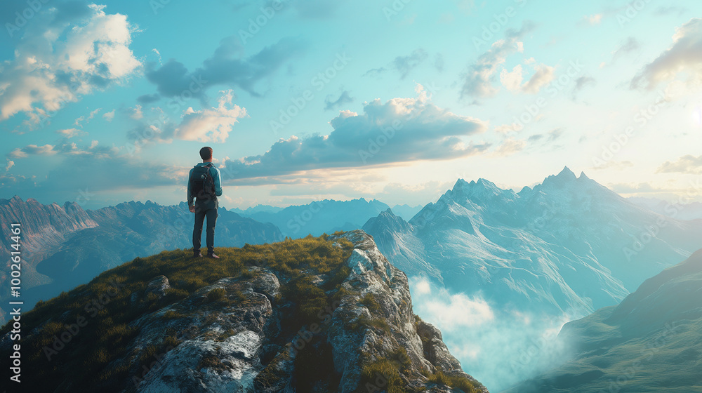 Obraz premium a man on a mountain looks at a beautiful view. The concept of travel and discovery