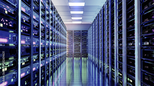 Modern Server room with supercomputers, refrigerators and beautiful neon lighting 3D rendering photo