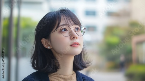 Young Asian Woman in Glasses Sitting Outdoors on College Campus,Thoughtfully Contemplating Free Download Young Asian Woman in Glasses Sitting Outdoors on College Campus,Thoughtfully Contemplating - GFXLoad