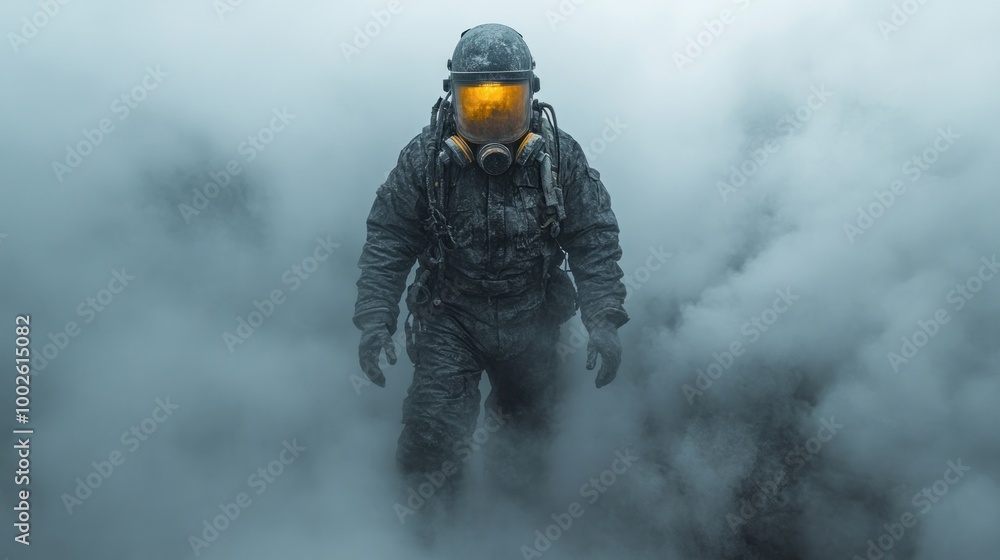 A person in protective gear ventures into thick fog, embodying courage in uncertainty A person in protective gear ventures into thick fog, embodying courage in uncertainty