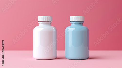 Two bottles, one white and one blue, stand on a pink surface.