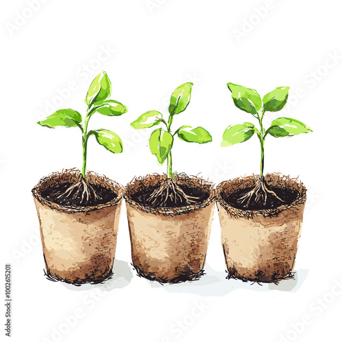 Watercolor Seedlings in Biodegradable Peat Pots for Eco-Friendly Gardening