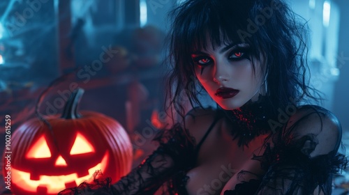 Wallpaper Mural Dark Gothic Halloween Aesthetic with Pumpkins and Mysterious Girl Torontodigital.ca