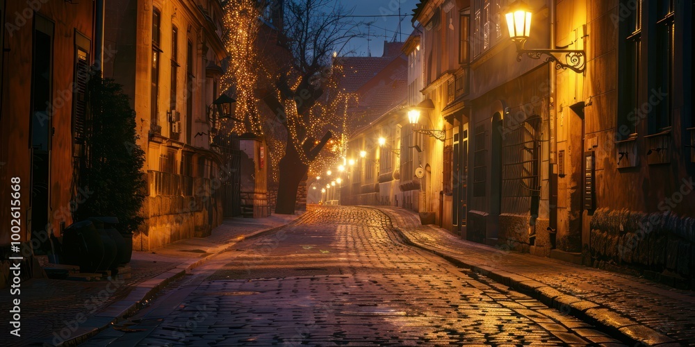 Street at Night: A European street illuminated by streetlights at night Street at Night: A European street illuminated by streetlights at night