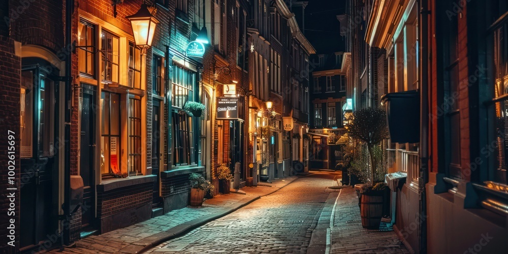 Fototapeta premium Street at Night: A European street illuminated by streetlights at night