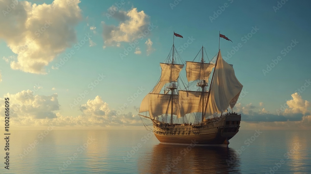 An exquisite 3D image of a majestic Spanish galleon gently gliding across a calm sea. The everlasting beauty of maritime history is captured in this breathtaking visual exhibition. An exquisite 3D image of a majestic Spanish galleon gently gliding across a calm sea. The everlasting beauty of maritime history is captured in this breathtaking visual exhibition.
