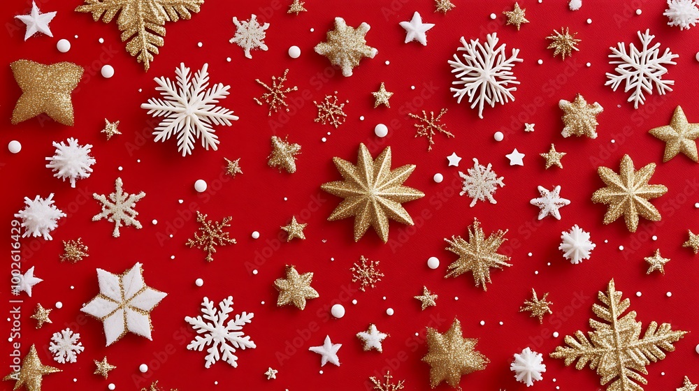 Sparkling Christmas Decorations with Snowflakes and Stars on a Festive Red Background Sparkling Christmas Decorations with Snowflakes and Stars on a Festive Red Background