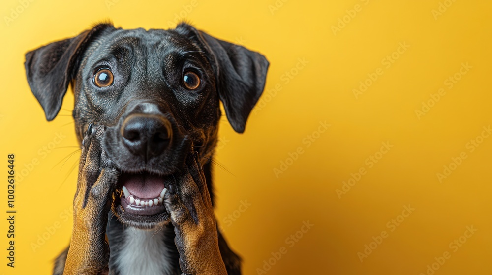 custom made wallpaper toronto digitalA lively dog displays a shocked expression with a bright yellow background