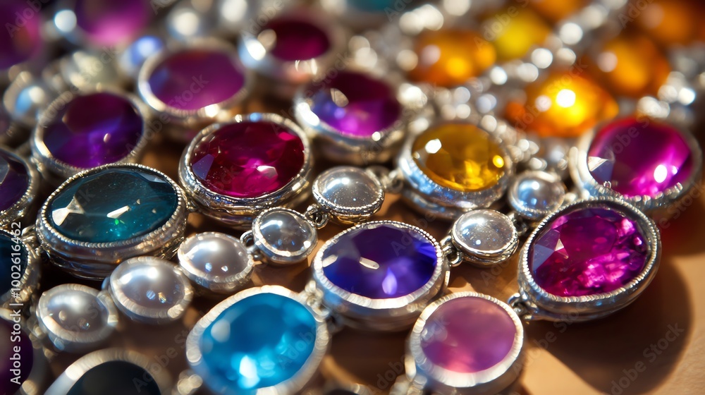 Close-up of colorful gemstones in silver settings, showcasing vibrant hues and intricate details, perfect for jewelry designs. Close-up of colorful gemstones in silver settings, showcasing vibrant hues and intricate details, perfect for jewelry designs.