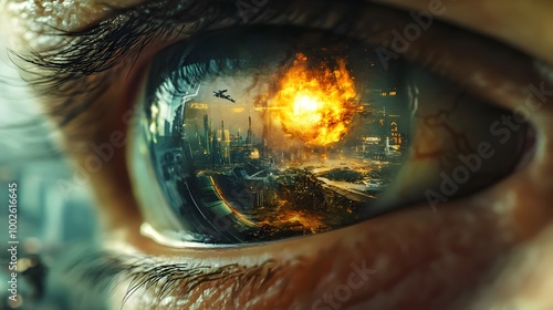  Human eye.  In the eye's reflection, depict a futuristic and war-torn world. he eye that sees destruction``The Eye of Tomorrow: A Glimpse into the Future War``. Eye of a dystopian future. Reflection.
