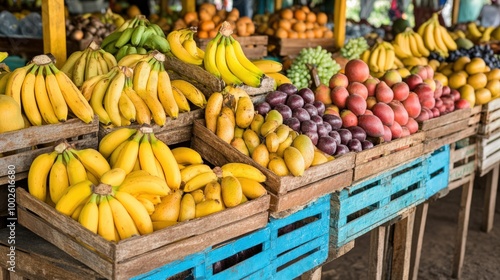 A colorful farmer market stall filled with an array of organic fruits like bananas, mangoes, and kiwis, displayed in eco-friendly wooden crates, with a cheerful atmosphere