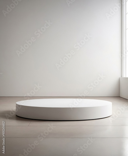 White round stand for product display - on a gray floor