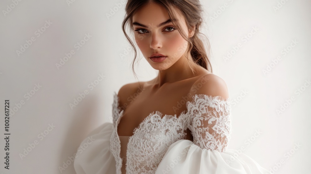 Portrait woman wearing a white wedding dress with detailed lace pattern Portrait woman wearing a white wedding dress with detailed lace pattern