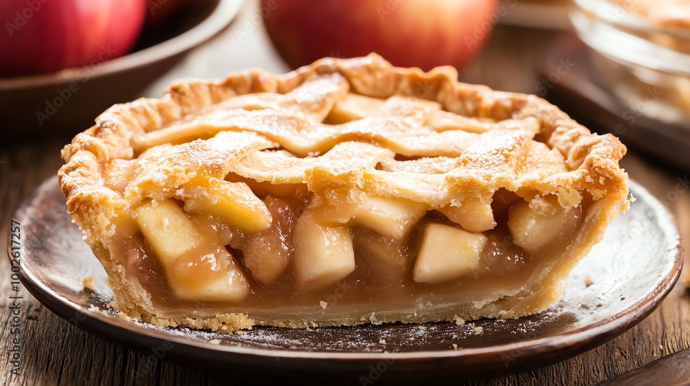 Delicious apple pie with a perfectly baked crust and warm, spiced apple filling, ideal for dessert enthusiasts and festive gatherings. Delicious apple pie with a perfectly baked crust and warm, spiced apple filling, ideal for dessert enthusiasts and festive gatherings.