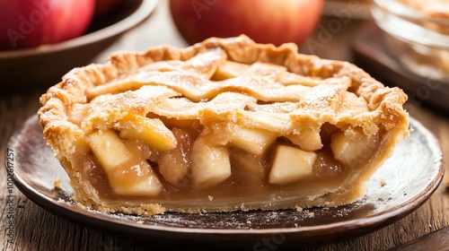 Delicious apple pie with a perfectly baked crust and warm, spiced apple filling, ideal for dessert enthusiasts and festive gatherings.