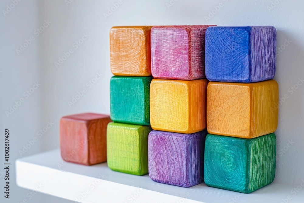 A set of brightly painted wooden blocks stacked in a perfect tower on a white shelf. A set of brightly painted wooden blocks stacked in a perfect tower on a white shelf.