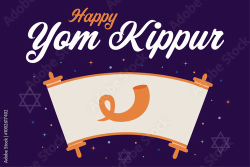 Happy Yom Kippur vector background. Day of atonement jewish holiday. Book of life with shofar.
