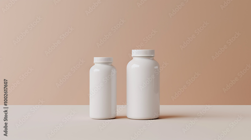 Two white bottles with lids on a light beige background. Two white bottles with lids on a light beige background.
