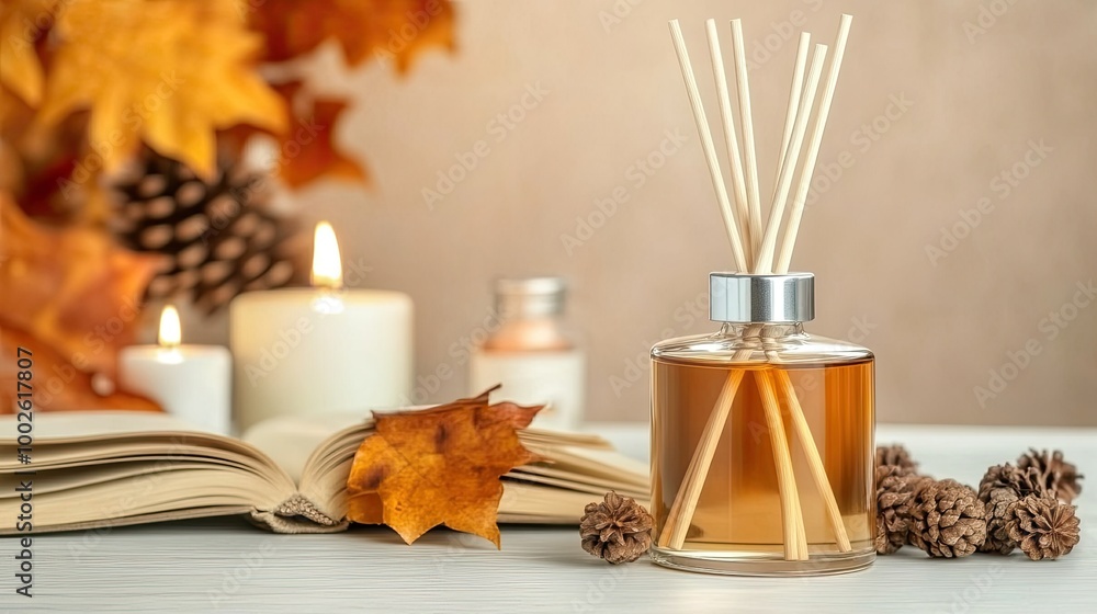 A close-up view of a glass reed diffuser surrounded by a candle and an open book, creating a calming ambiance for home or office settings A close-up view of a glass reed diffuser surrounded by a candle and an open book, creating a calming ambiance for home or office settings