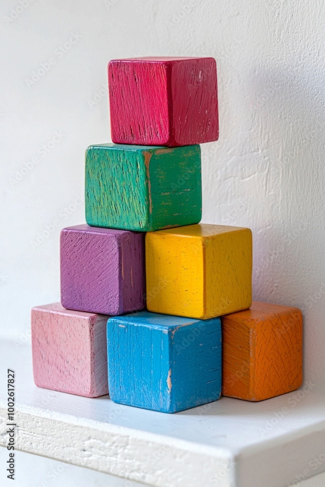 A set of brightly painted wooden blocks stacked in a perfect tower on a white shelf. A set of brightly painted wooden blocks stacked in a perfect tower on a white shelf.