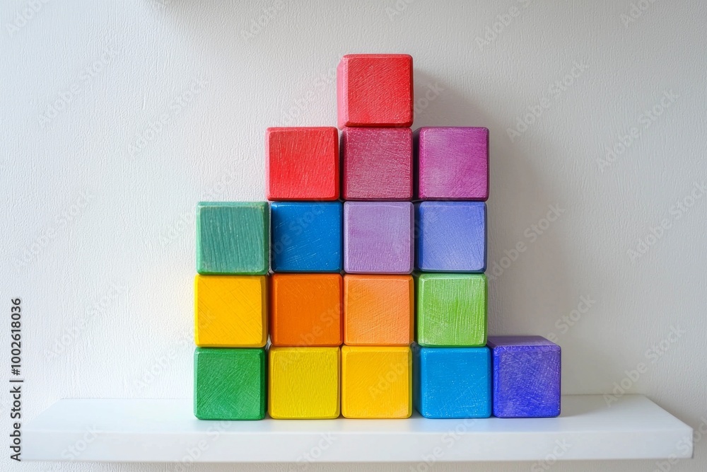 A set of brightly painted wooden blocks stacked in a perfect tower on a white shelf. A set of brightly painted wooden blocks stacked in a perfect tower on a white shelf.