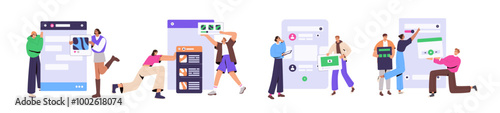 UX UI designers set. Concept of user interface development. People create design of mobile apps. Team builds prototypes of web sites' screens. Flat isolated vector illustrations on white background