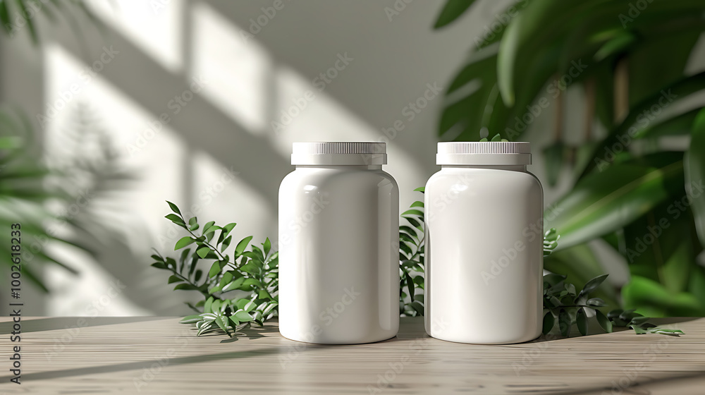 Two blank white supplement bottles on a wooden table with green leaves in the background. Two blank white supplement bottles on a wooden table with green leaves in the background.