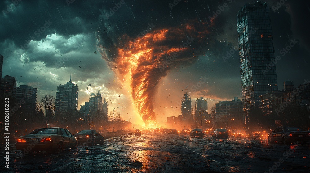 Obraz premium Show an oblique view of a tornado ravaging a downtown area, with skyscrapers and cars being affected