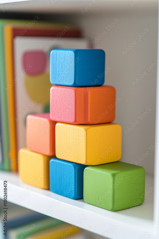 A set of brightly painted wooden blocks stacked in a perfect tower on a white shelf. A set of brightly painted wooden blocks stacked in a perfect tower on a white shelf.