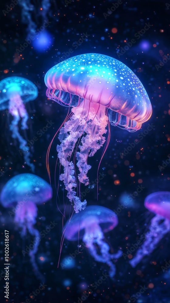 Naklejka premium Mesmerizing Neon Jellyfish - Vertical Wallpaper for Phones