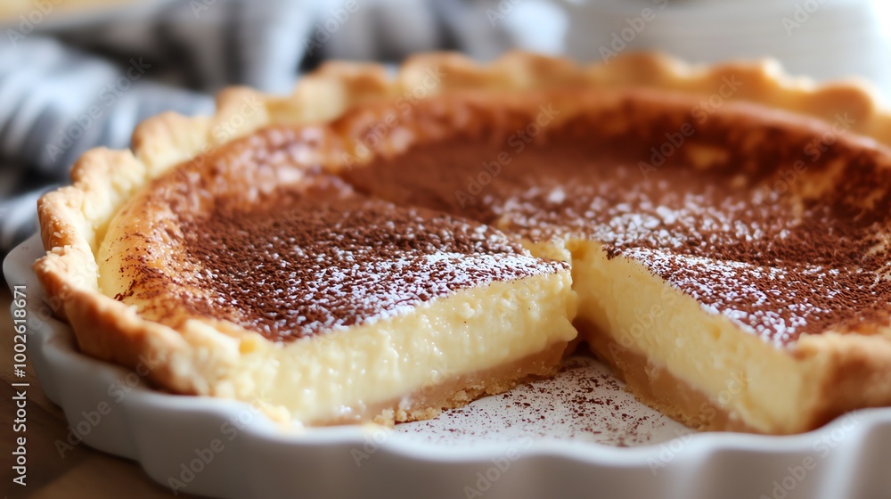 Delicious homemade pie with a creamy filling and perfectly baked crust, dusted with powdered sugar, perfect for dessert. Delicious homemade pie with a creamy filling and perfectly baked crust, dusted with powdered sugar, perfect for dessert.