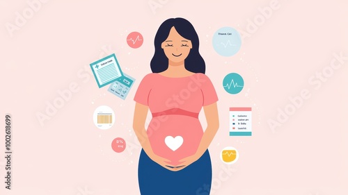 Illustration of a pregnant woman smiling, surrounded by health icons and information, symbolizing prenatal care and wellness.