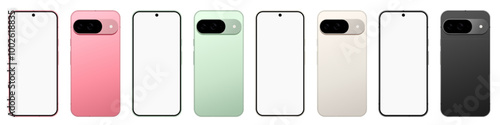 Pixel 9 smartphone mockup with all color variants, peony, Wintergreen, Porcelain, and Obsidian. Smartphone mockup white screen. Mock-up screen Pixel 9 smartphone. 