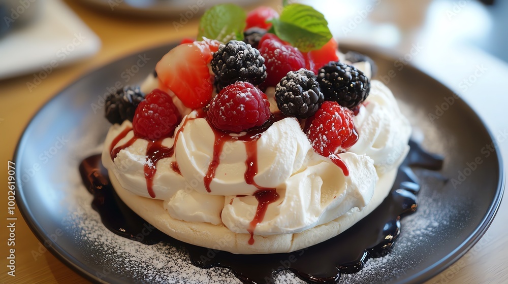 Delicious pavlova dessert topped with fresh berries, cream, and a drizzle of sauce, perfect for sweet indulgence. Delicious pavlova dessert topped with fresh berries, cream, and a drizzle of sauce, perfect for sweet indulgence.