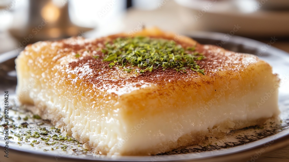 Delicious slice of traditional dessert topped with green powder, served on a plate. Perfect for culinary and food photography. Delicious slice of traditional dessert topped with green powder, served on a plate. Perfect for culinary and food photography.