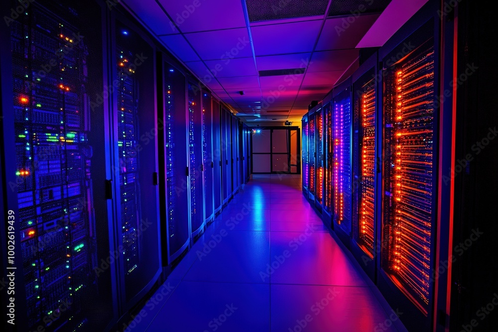 Fototapeta premium Illuminated server room with blue and red lights