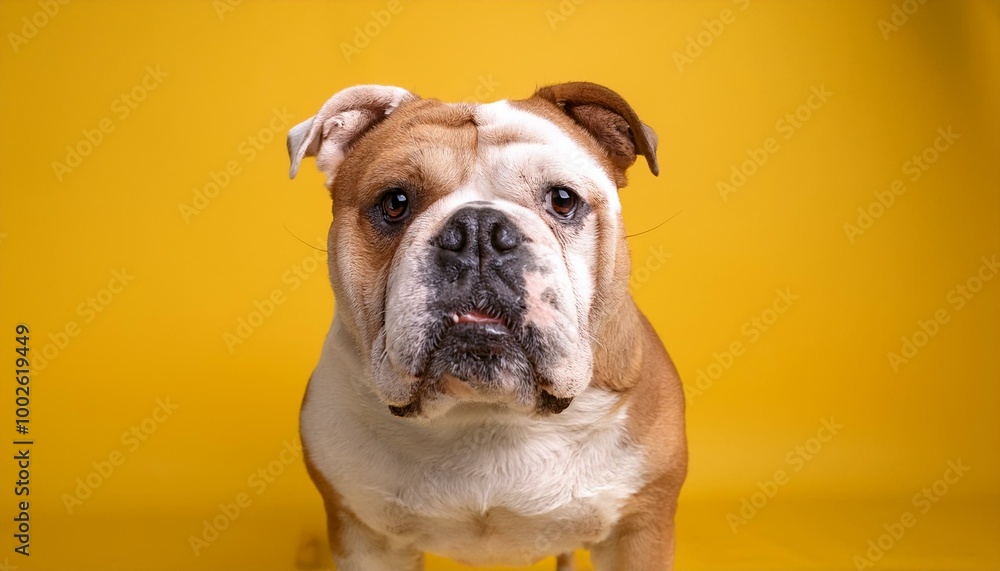Adorable Bulldog Dog Portrait. Photo Studio. Yellow Background. Adorable Bulldog Dog Portrait. Photo Studio. Yellow Background.