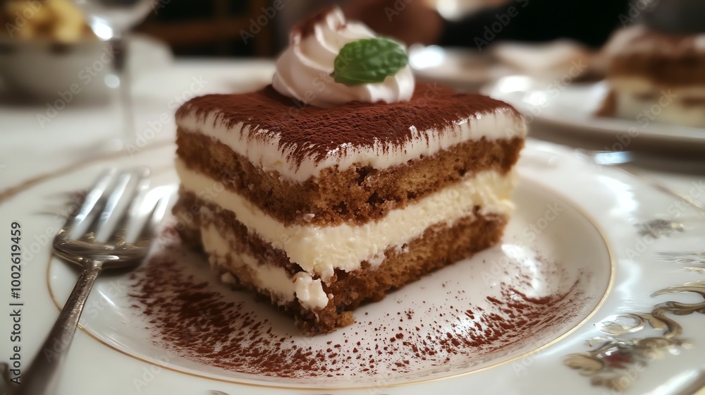 Delicious slice of tiramisu dessert with creamy layers and cocoa dusting, garnished with a mint leaf, served on a fancy plate. Delicious slice of tiramisu dessert with creamy layers and cocoa dusting, garnished with a mint leaf, served on a fancy plate.