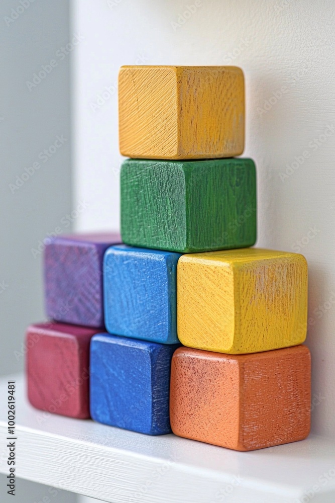 A set of brightly painted wooden blocks stacked in a perfect tower on a white shelf. A set of brightly painted wooden blocks stacked in a perfect tower on a white shelf.
